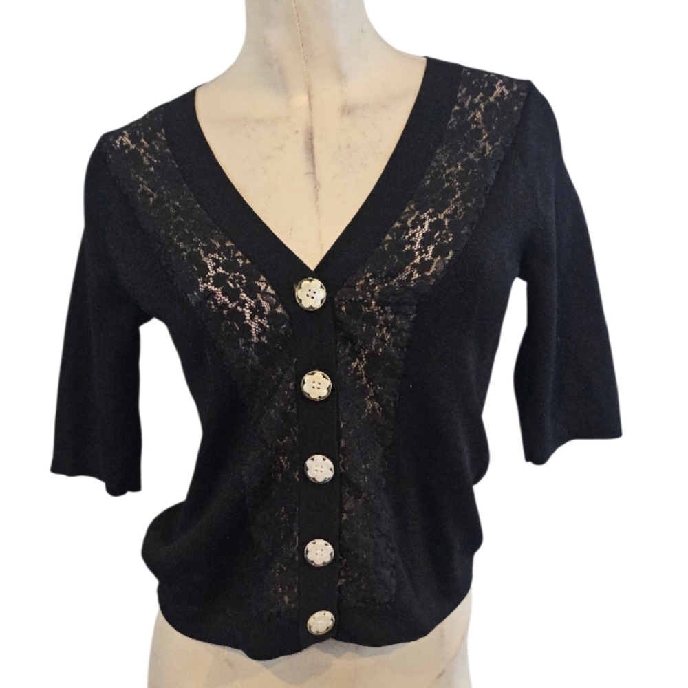 Cable & Gauge Size S Black Short Sleeve Cardigan Lace Trim